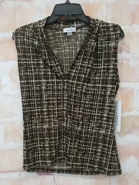 Calvin Klein Brown  and White Grid-Print Sleeveless V-Neck Top